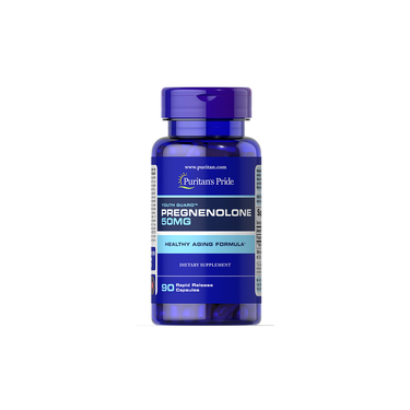 A blue bottle of Puritan's Pride Pregnenolone 50 mg, 90 Rapid Release Capsules— a dietary supplement supporting healthy aging.